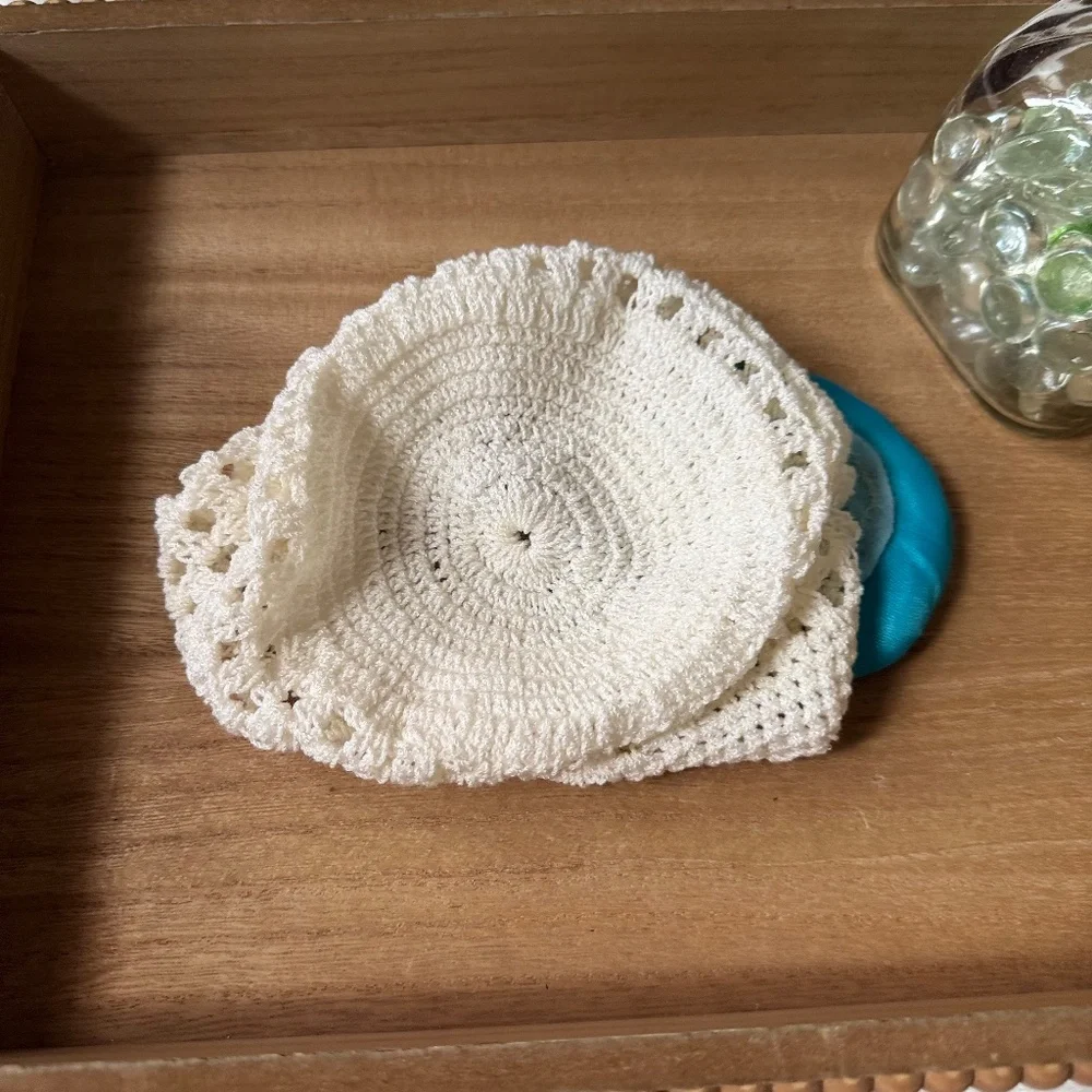 White‎ Crochet Baby Hat With Multicolor Satin Flower Appliqué